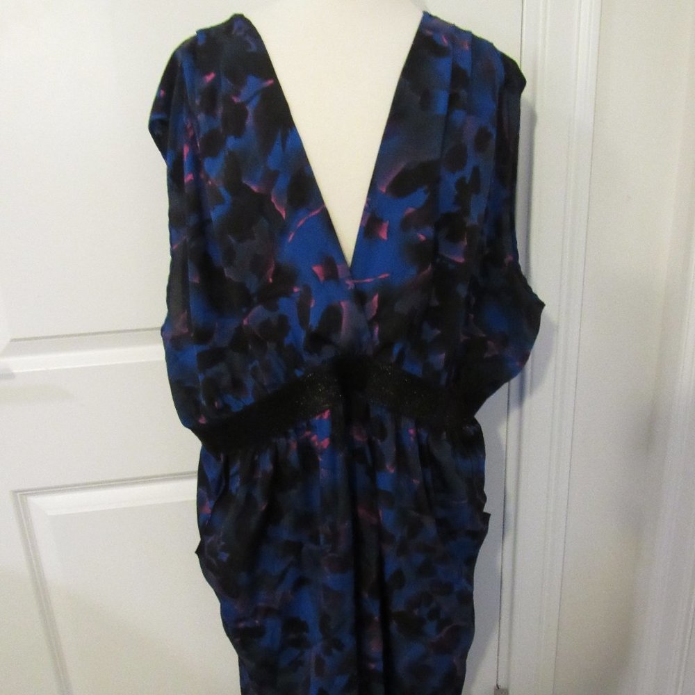 Blue and Black  Sleeveless Midi Dress.  Plunge Neckline, Elastic Blousing Waist.